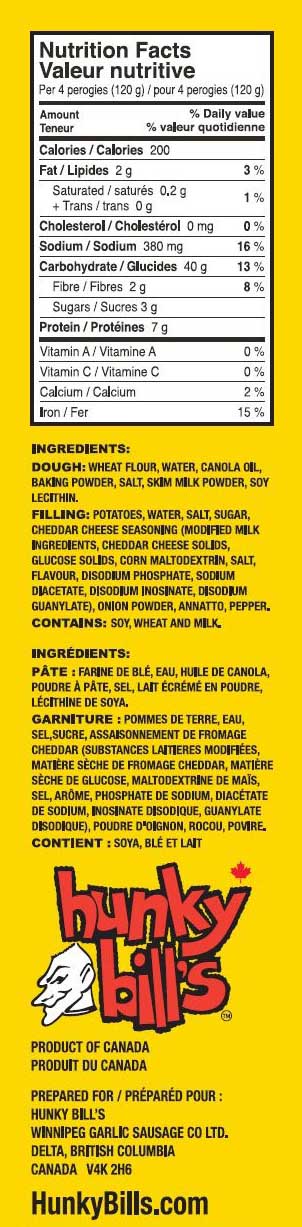 Hunky Bill’s Perogies – Potato & Chedder 2kg Bags Hunky Bill's Perogies - Potato & Chedder 2kg Bags - Nutrition Facts